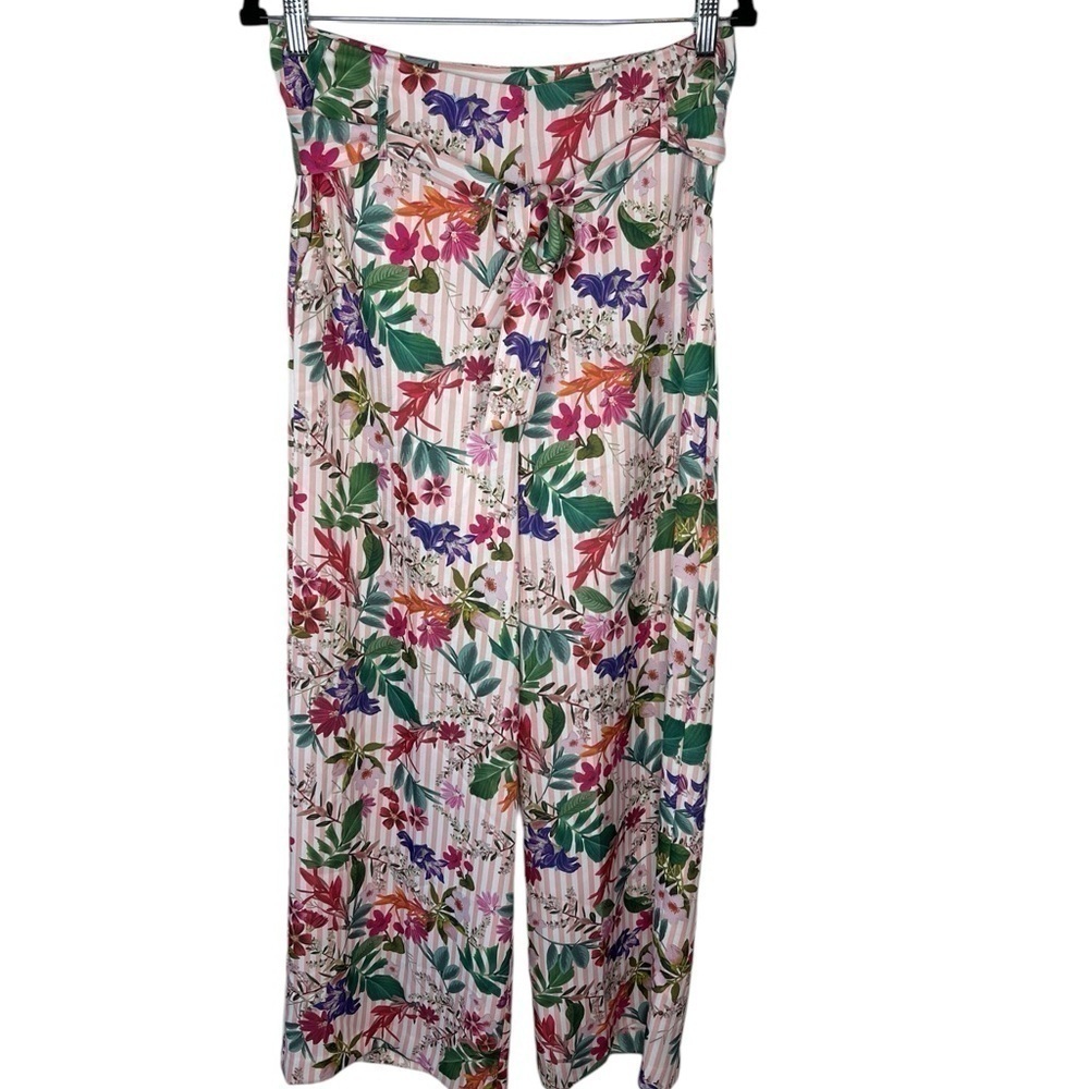 Gianni & Bini Striped Floral Wide Leg Belted Pants | Size 8 - Picture 2 of 13